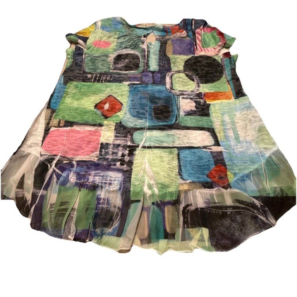 Impulse of California  Geo Print Sleeveless Blouse in Green, Blue, Pink & Black